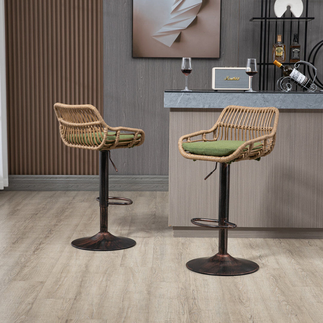 Bloomsbury Market Swivel Upholstered Wicker Adjustable Height Bar Stool Green 48.84cm W X 48cm D