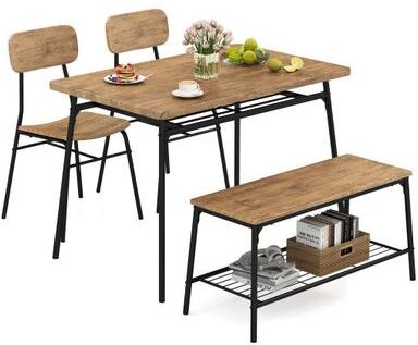 Costway 4 Piece Dining Table Set for 4 Metal Frame with Bench and 2 Chairs-Brown