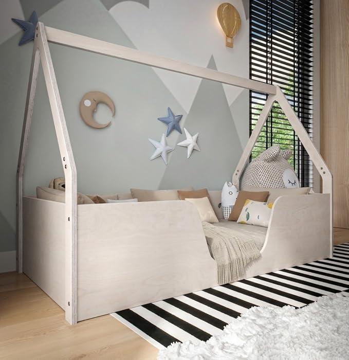 | Nido Fort S Hausbett Kinder 120x200 cm aus Naturholz | Montessori Bodenbett mit Rausfallschutz & Lattenrost | Kinderbett im skandinavischen Stil