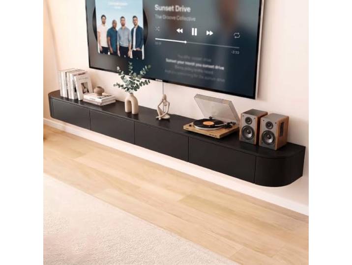 NOYHHAV TV-Schrank Massivholz Wandmontage Mit Mehreren Schließfächern，Wand TV Schrank Kann im Wohnzimmer, Schlafzimmer, Büro, Arbeitszimmer usw.(Schwarz, 180 * 30 * 20CM)