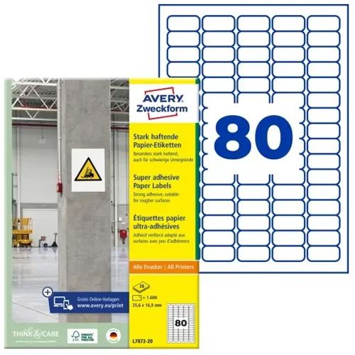 AVERY Zweckform 1.600 Power-Etiketten L7872-20 weiß 35,6 x 16,9 mm