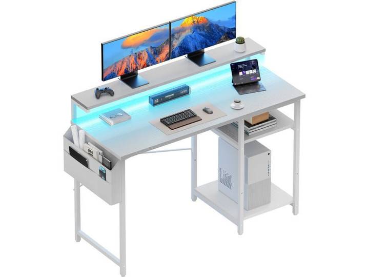 ECOFURNIX Bureau avec Rangement 120 x 48 cm Petit Bureau Informatique avec LED & Support de Moniteur Étagères Réglable Blanc