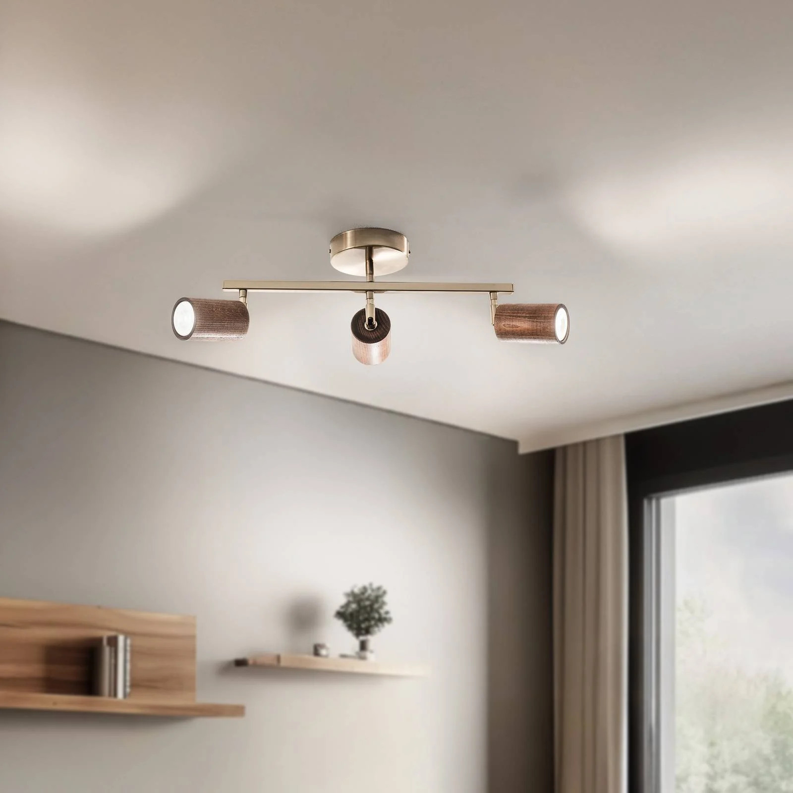 Lucea Legno plafondspot, lineaire 3-lampen, bruin/goud, hout en metaal, dimbaar