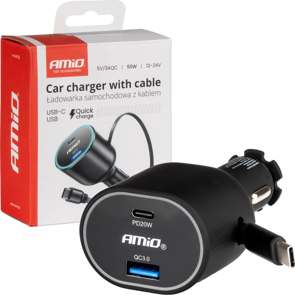 AMiO Autolader 85W met USB-C en USB-A, QC3.0 en PD20W en opvouwbare kabel
