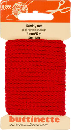 buttinette Baumwoll-Kordel für Bekleidung, rot, 4 mm Ø, Länge: 5 m
