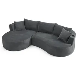 Merax Sofa set, 2-Sitzer + Rechte Chaiselongue, mit Getränkehalter & Kissen, Bogenförmiges Design, Cordstoff, Grau