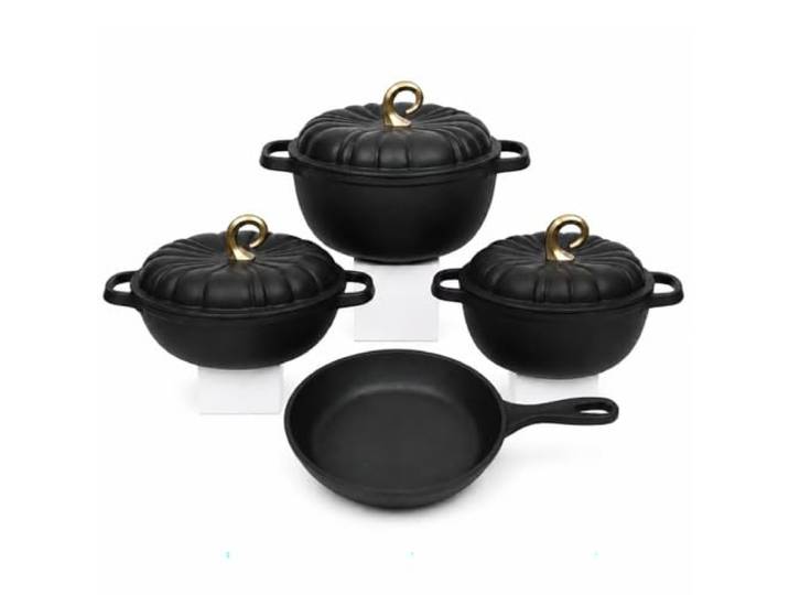 4-teiliges Kochgeschirr-Set Aus Gusseisen, Emailliertes Set Mit 3 Kürbis-Schmortöpfen Und Bratpfanne, 3D-Kürbisdeckeln Und Robustem Für Familienmahlzeiten