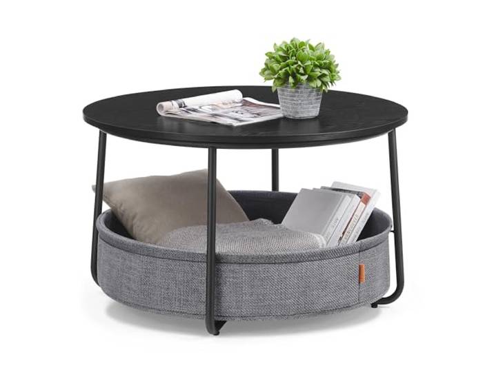 VASAGLE Runder Couchtisch für Wohnzimmer mit Stoffkorb, moderner Stil, Metallrahmen, Tintenschwarz + Schiefergrau
