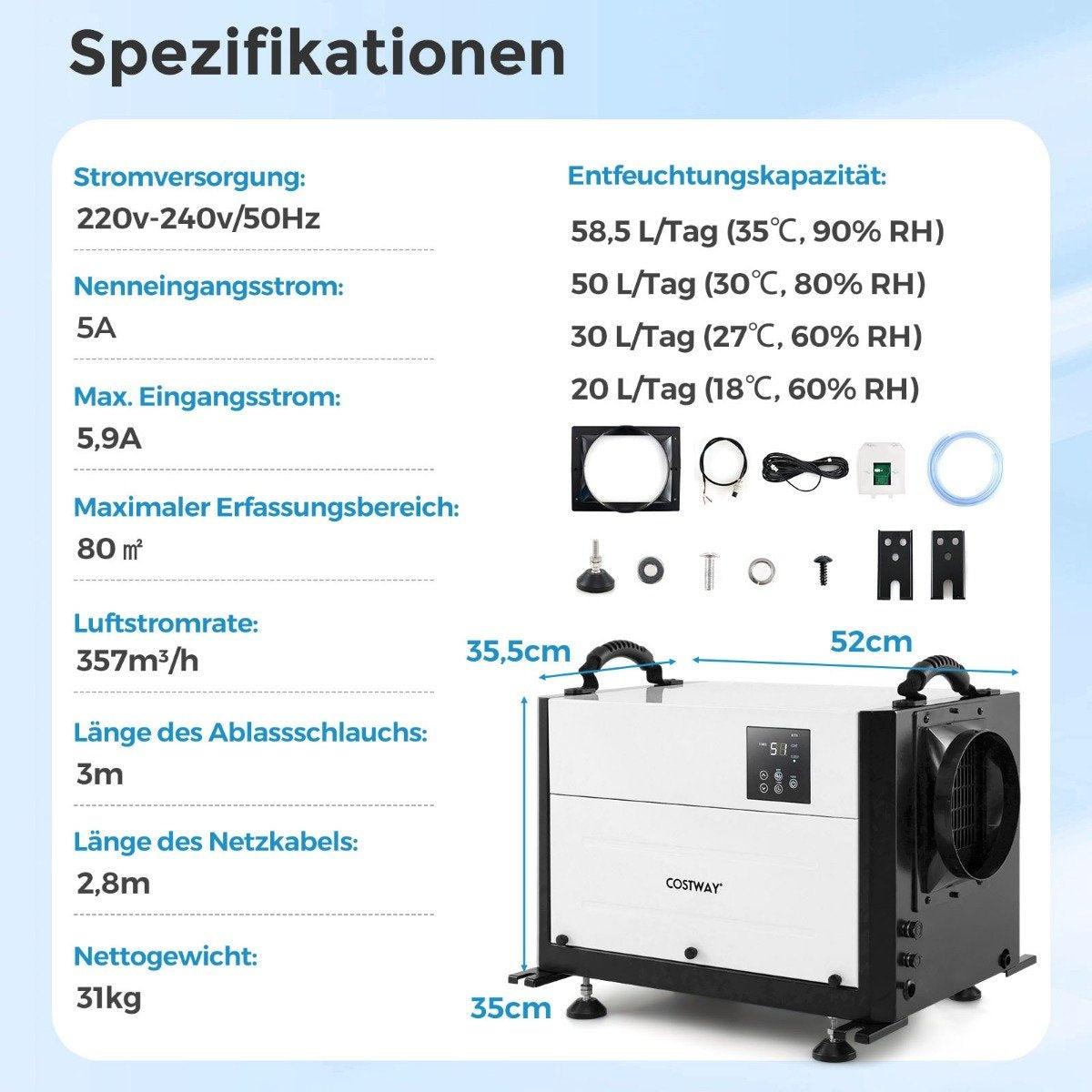 Kommerzieller Luftentfeuchter, 58 l/Tag, 3 Modi, 24-Stunden-Timer