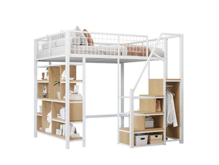 Stilvora Hochbett 140/200 cm in Weiß mit Stauraumtreppe, Regalfächern und offenem Unterraum Metall-Holz-Design, Metall, Holz, 140x200 cm, Babymöbel & Kindermöbel, Kinderzimmer & Jugendzimmer, Kinderbetten, Hochbetten