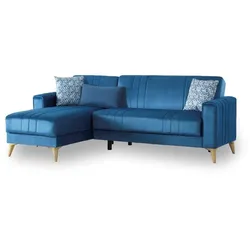 Dmora Schlafsofa Miguel, Eckschlafsofa mit 3 Kissen inklusive, Gepolstertes Stoffsofa mit Klick-Klack-Öffnung, 225x151h84 cm, Blau