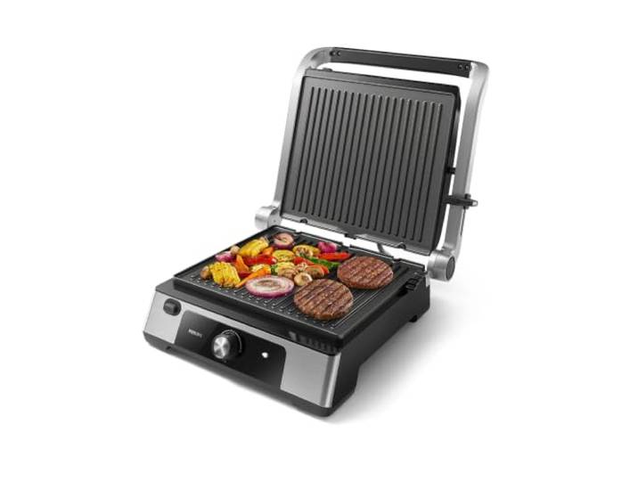 Philips Grill Électrique 5000\, Température réglable\, 2200W\, Métal Grill de table\, ouverture 180°\, Grande surface de cuisson\, Plaques antiadhésives amovibles\, Facile à nettoyer (HD6301/90)
