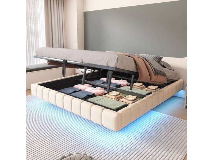 Lit coffre adulte 180x200 cm avec rangement hydraulique et LED structure flottante lin beige et métal