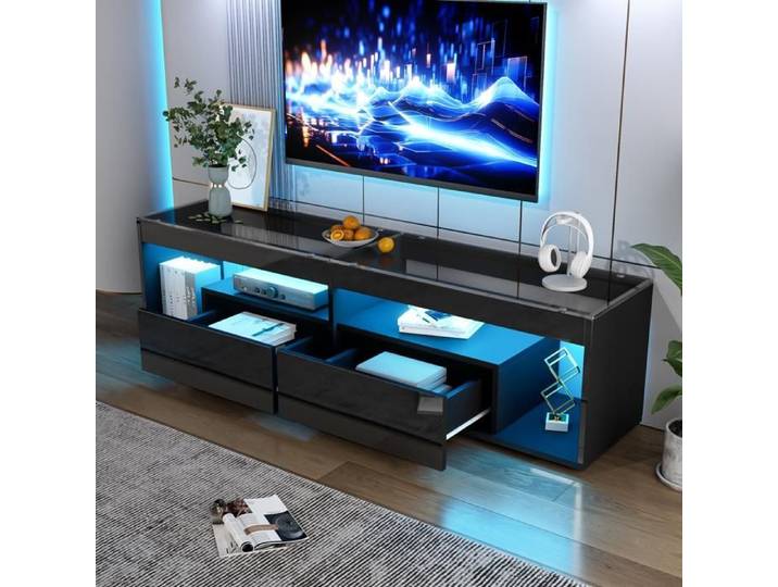 Meuble TV - SOGEU - 180x40x46 cm - Noir laqué - 2 tiroirs - LED 16 couleurs