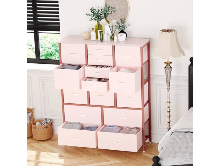 Commode de Chambre avec 15 Tiroir en Tissu Cadre en Métal Armoire à Tiroirs Grand Espace 100x30x123 cm Rose