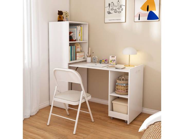 WUVRIE Bureau secrétaire extensible avec rangement MDF blanc gain de place étagères réglables
