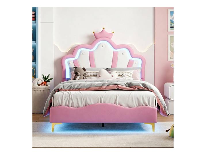 Simurq Polsterbett Kinderbett Jugendbett 140x190cm mit LED-Beleuchtung und Krone Kopfteil (ohne Matratze), Prinzessinnenbett Mädchenbett mit Lattenrost, PU