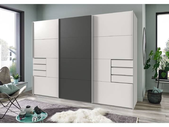 Schwebetürenschrank Bangkok 270cm Schwarz/Weiß/Weiß/Graphit