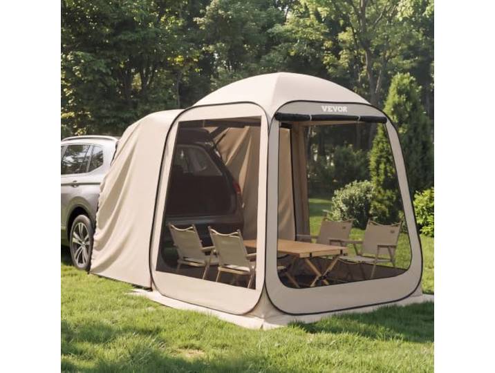 VEVOR Tente Moustiquaire Hayon 182\,5x182\,5x220 cm Abri Moustiquaire Arrière SUV 4-6 Personnes Tente Pliante pour Coffre Voiture Camping Jardin Terrasse Activité Plein Air\, avec Sac de Transport\, Beige