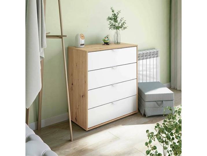 Dmora - Nachttisch Seabeck, Niedrige Kommode, Tisch, Multifunktionaler Nachttisch, 78x40 h86 cm, Weiß und Knoteneiche