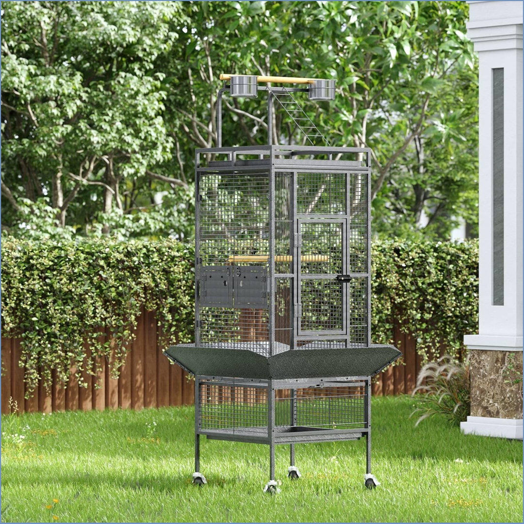 Blue Elephant Large Bird Cage With Rooftop Playground & 360° Casters - Rolling Solid Wrought Iron Bird Cage With Roof Top For Parrots, Macaws, Cockatiel, Lovebird, Black 156.2cm H X 66cm W X 66cm D
