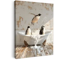 LEINWANDBILD Vintage - Pinguin - Badewanne - Schaumstoff Wandbild Wohnzimmer 50x70 cm