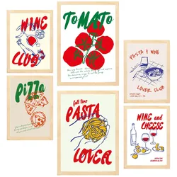 POSTER Set Mit 6 Von Lebensmitteln Im Pop Art Mit Tomaten Nudeln & Pizza A3 & A4 Rahmen Aus Hellem Holz