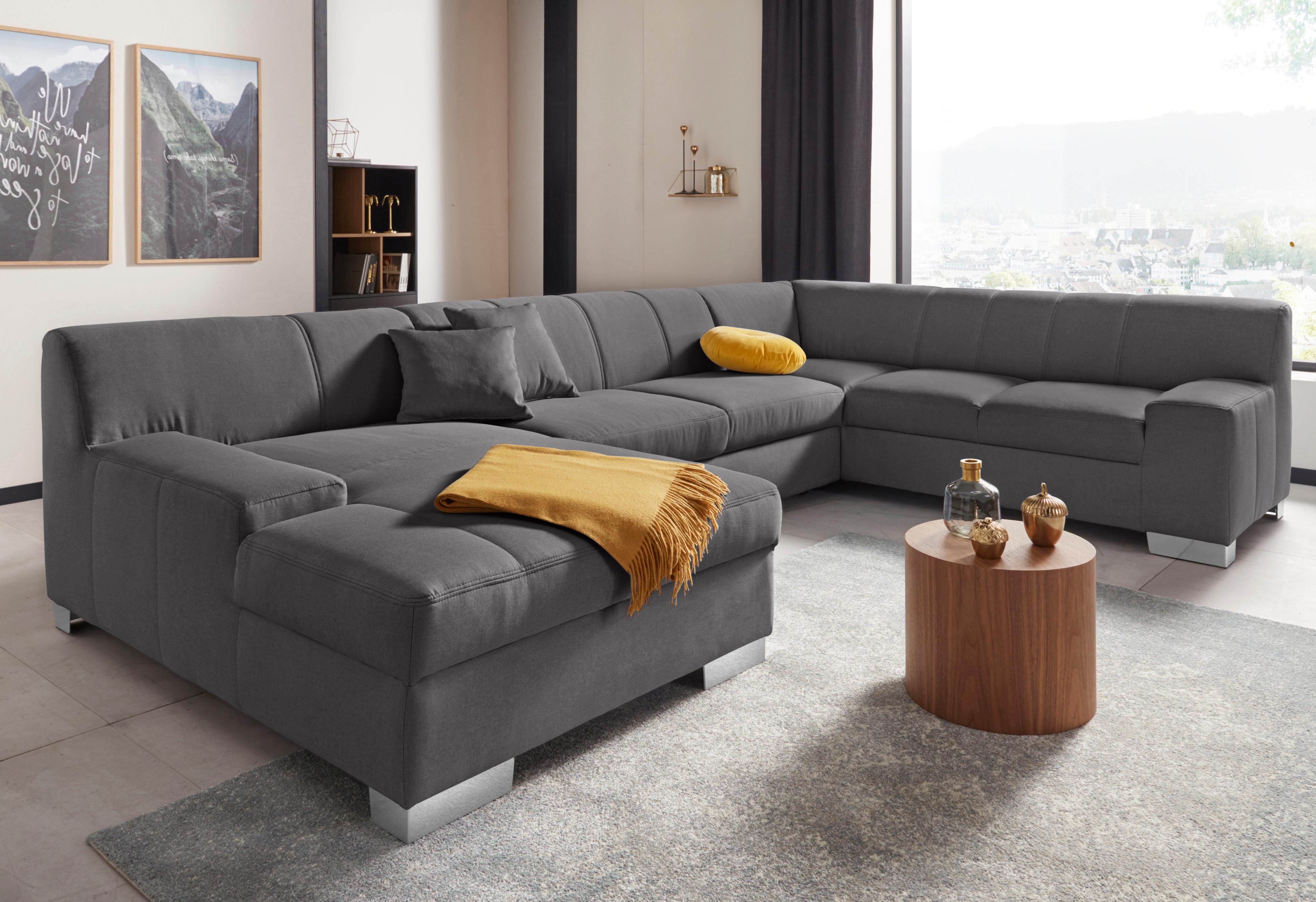 Wohnlandschaft DOMO COLLECTION "Bero, elegant und zeitlos, flache Armlehnen, Breite 328cm, U-Form", schwarz (pepper), B:328cm H:74cm T:212cm, Feinstruktur (100% Polyester);Luxus-Microfaser (100% Polyester);Zierkissen: Im jeweiligen Bezugsstoff;Struktur fe