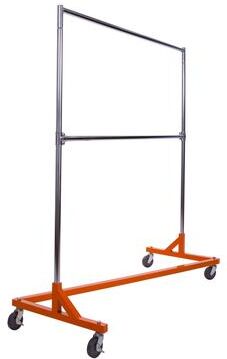 Econoco Rolling Garment Rack with Orange Z-Base, Chrome Hangrail and uprights, and add-on hangrail included