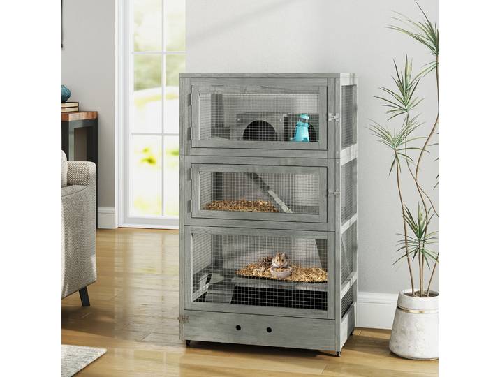 PawHut Cage pour hamster en bois à quatre niveaux, avec cabanes, bascule, bols d'alimentation, rampes, roulettes, 65 x 45 x 109 cm, Gris