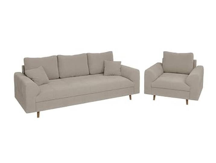 S-Style Möbel Set Sofa 3 Sitzer Sessel Couch 2 Stück Massivholzfüße Braun Freistehend Boucle Stoff Kratzfest Freistehend Erik Beige