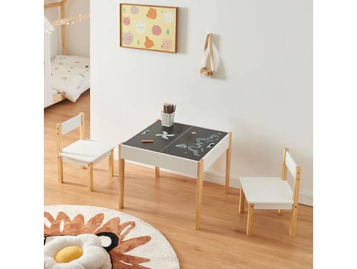[en.casa] Kindertisch mit 2 Stühlen Smedjebacken mit Tafel Maltisch mit abnehmbaren Tischplatten Tafeltisch Kinderstühle Kindersitzgruppe Spieltisch Holz Weiß