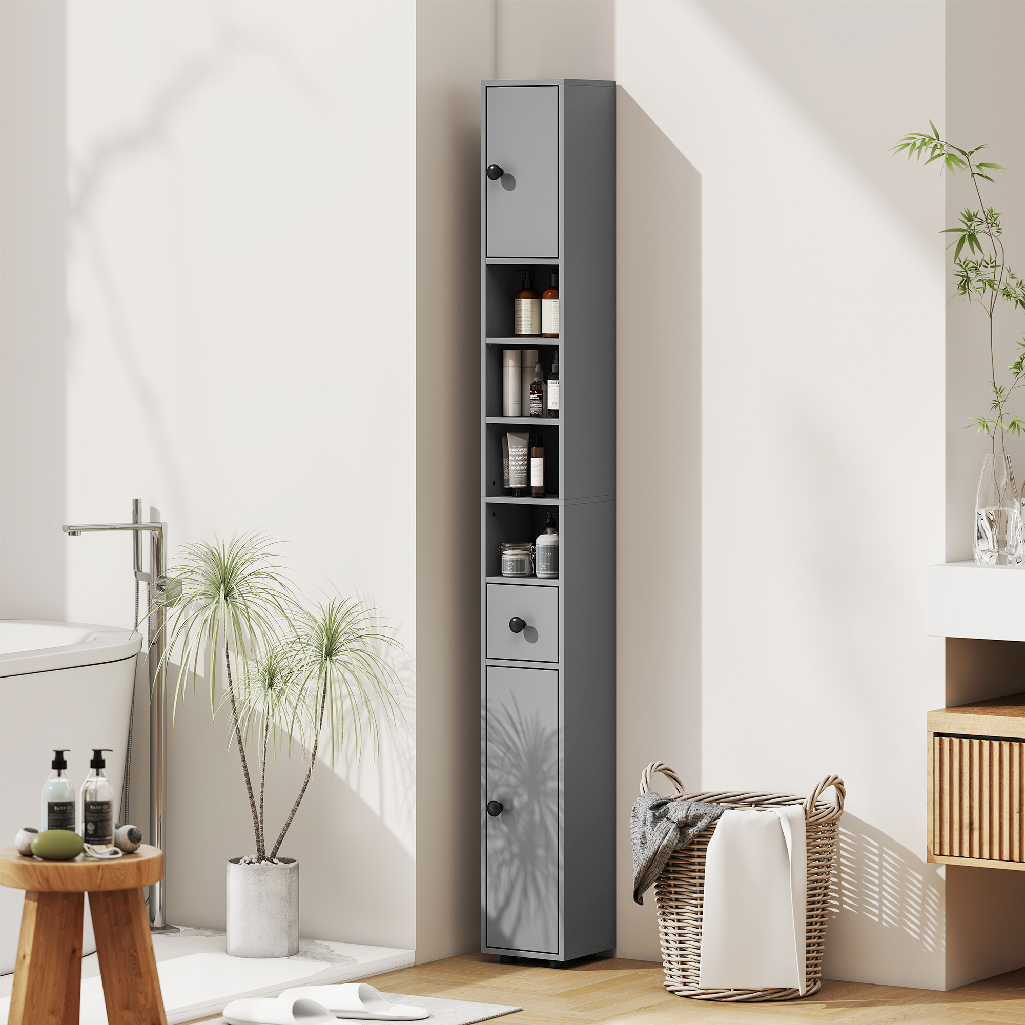 Kleankin Mobile bagno a 4 ripiani con cassetto, pannello truciolare e design snello, 20x20x180 cm, Grigio   Aosom Italy
