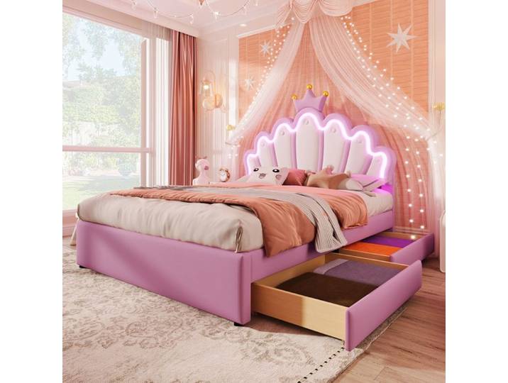 Lit Princesse pour Filles - Lit Double - 140x200cm - avec LED - 2 Tiroirs - Rose