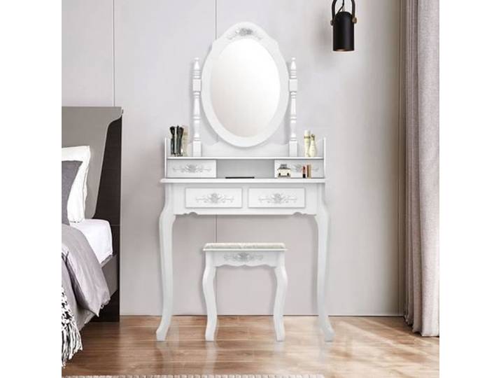 Coiffeuse avec Miroir 4 Tiroirs et Tabouret Table de Maquillage Commode Style moderne Blanche