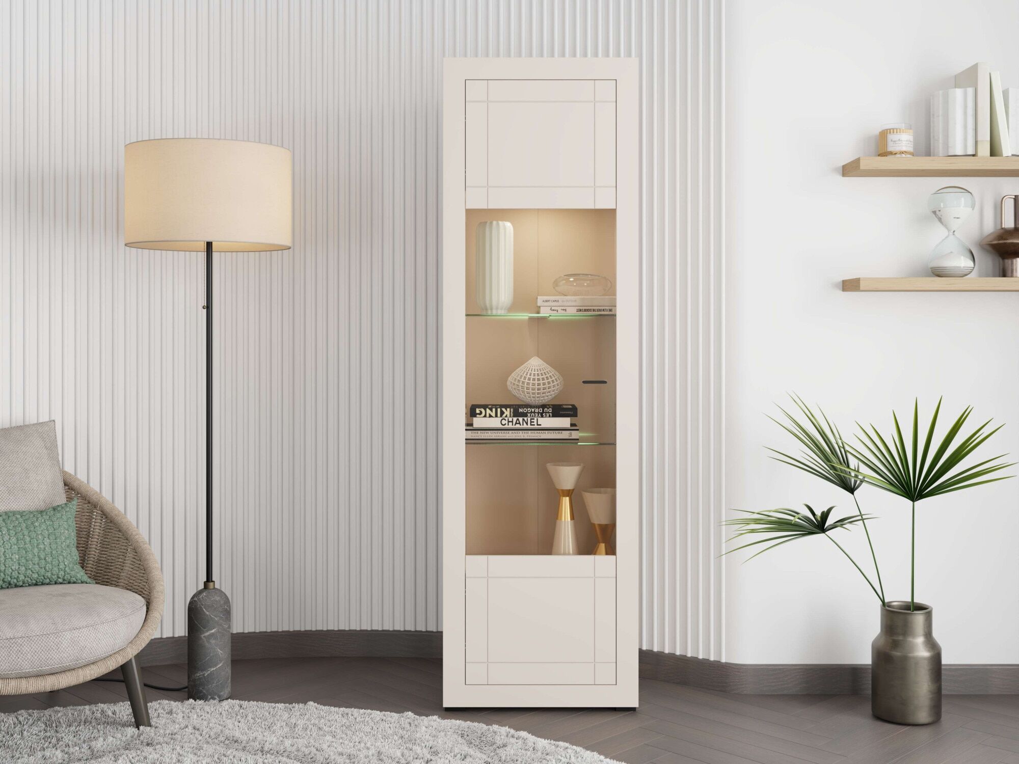 Vitrine HOME AFFAIRE "Essex Vitrinenschrank, Glasschrank, Standvitrine, Highboard/Sideboard", weiss (kaschmir), B:58cm H:194cm T:35cm, Glas, Holzwerkstoff, MDF, Schränke, Vitrine, Präzise Heissfolienprägung, Metallgriff, Eleganter Glasboden kaschmir kasch
