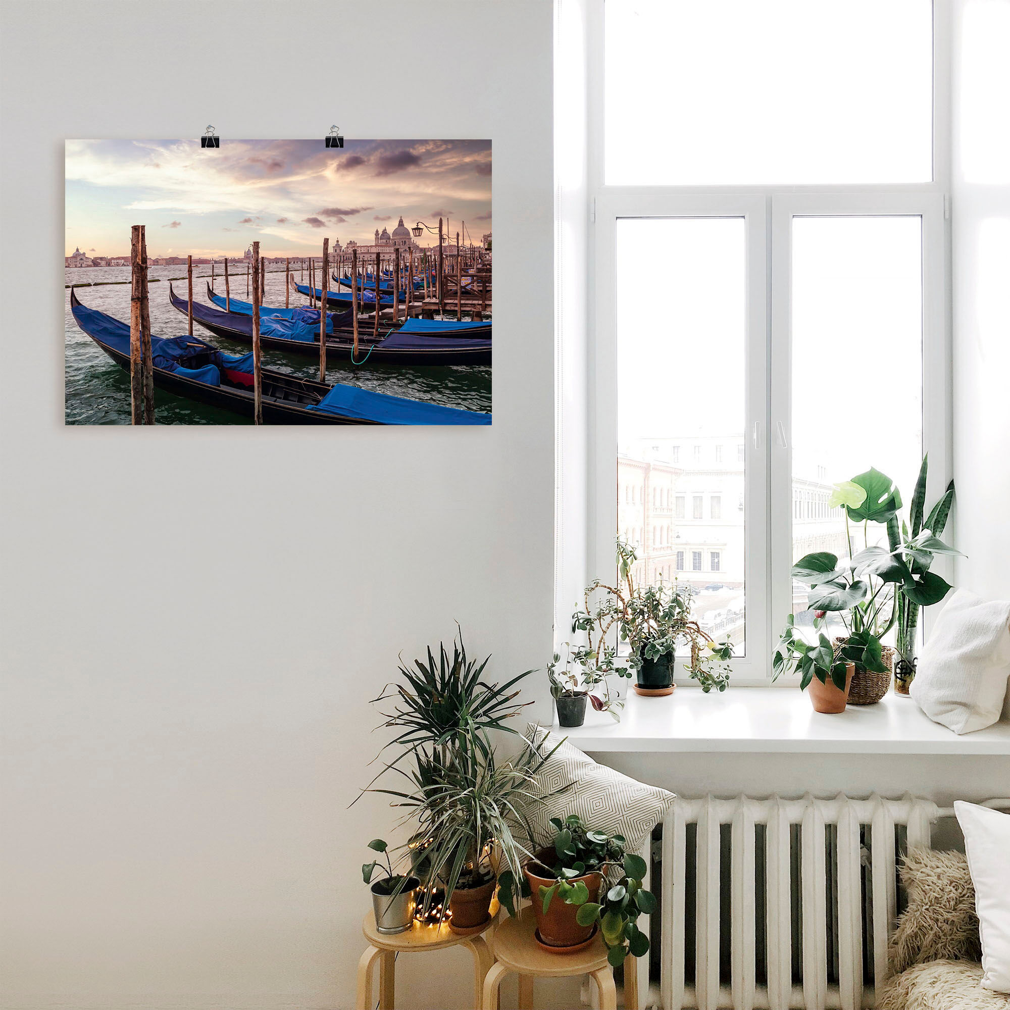 Poster ARTLAND "Venedig Gondeln", blau (farbe bild(er): blau), B:90cm H:60cm, Bilder, Poster, ohne Rahmen farbe bild(er): blau B/H/T: 90cm x 60cm, Poster Querformat, 1 Stk.