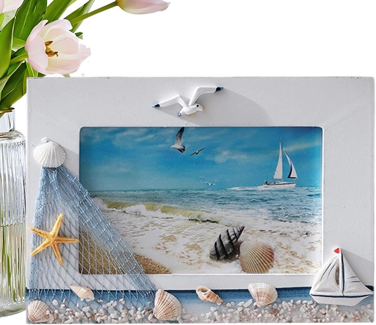 Wit Houten Fotolijst in Vintage Zeilboot Stijl - 21 x 16 cm