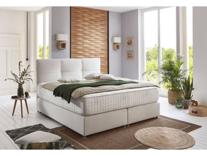 Boxspringbett GRÜNE BETTEN Alina , beige (creme, weiß), B:180cm L:207cm, Bezug Bett: Strukturstoff (100% Polyester);Bezug Matratzenspiegel: Jersey antiallergisch (Viscose), Komplettbetten, Boxspringbett, mit Tonnentaschenfederkern-Matratze, 100% vegan