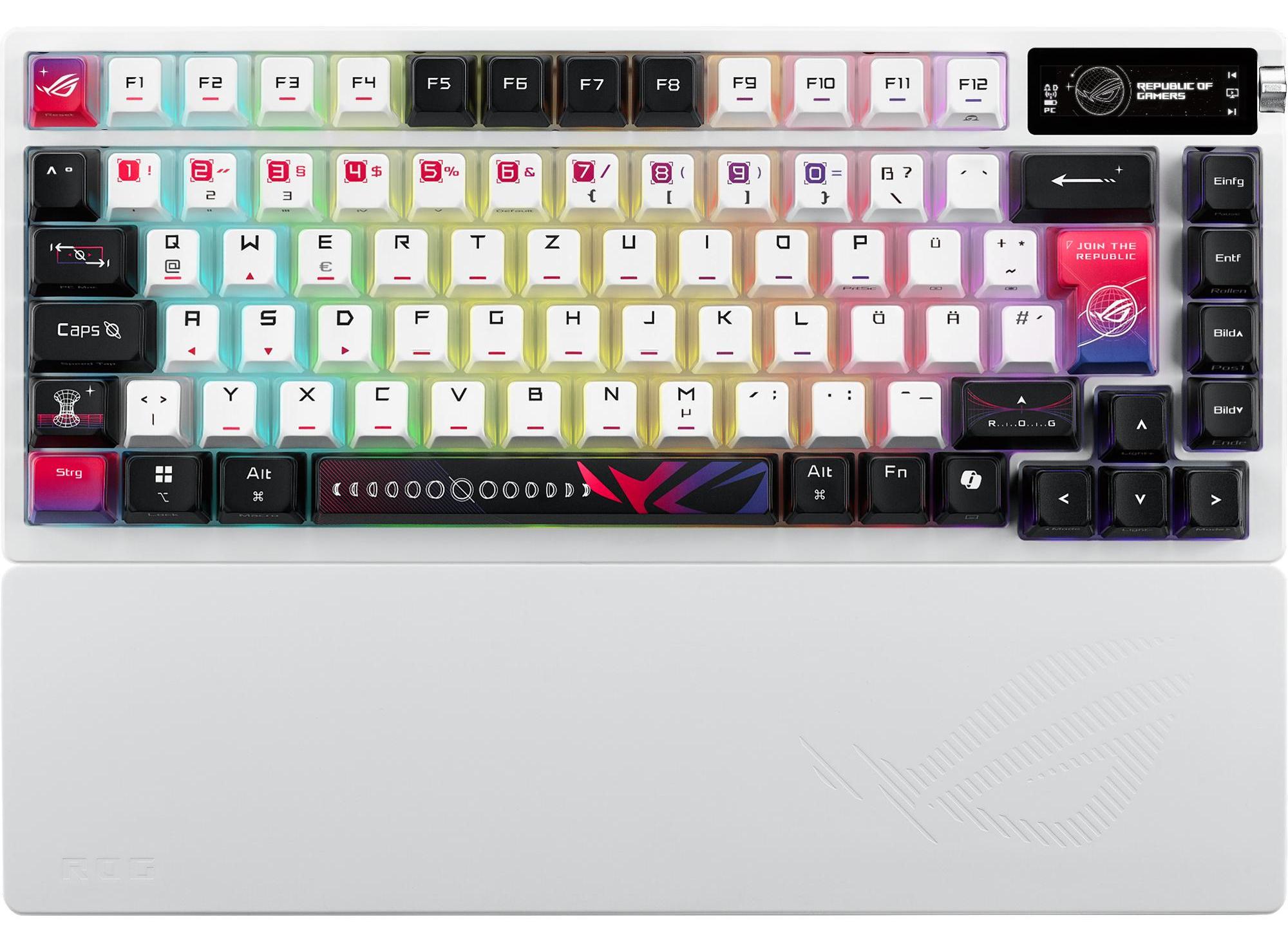 ASUS ROG Azoth X, 75%, Verkabelt & Kabellos, USB + RF Wireless + Bluetooth, Mechanischer Switch, RGB-LED, Schwarz, Weiß