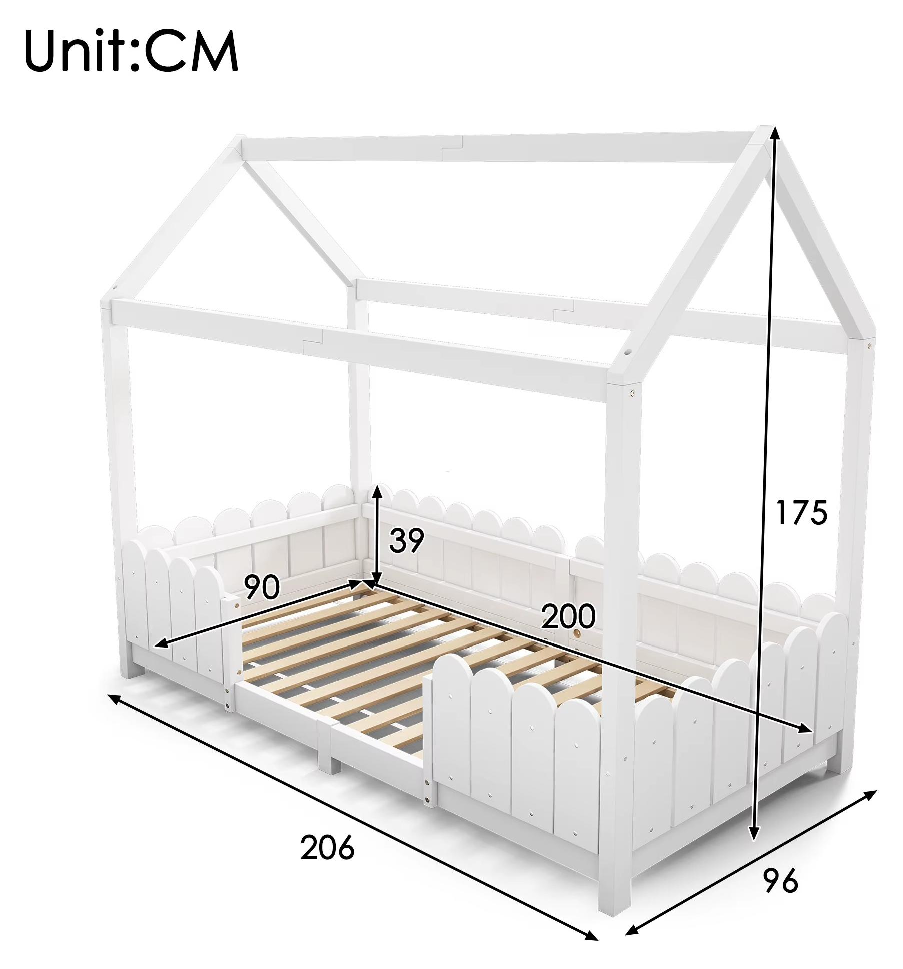 Kinderbett - Hausbett 90 x 200 cm - Holzrahmen - Rausfallschutz - Lattenrost - Ohne Matratze - Weiß