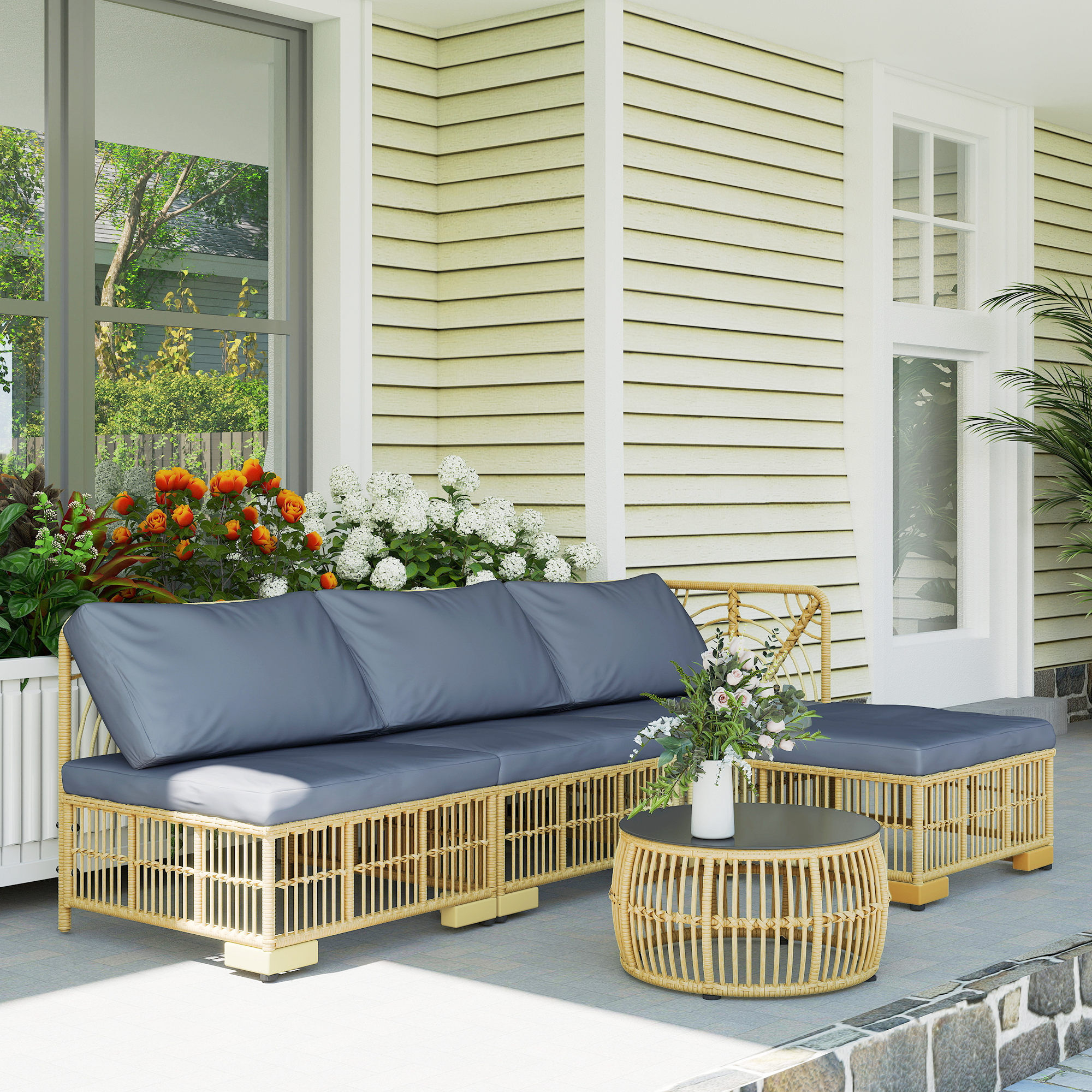 Altro Set Salotto In Rattan Da Giardino Con Divano Modulabile, Cuscini E Tavolino Da Caffè, Grigio