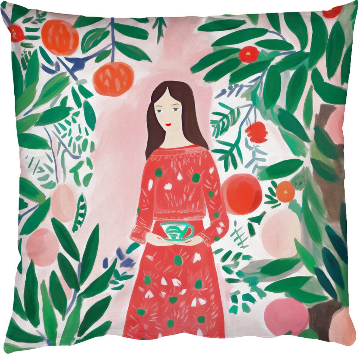 PillowMonkey Sierkussen Kerstmis Vrouw en Planten - Groen en Rood - 45 x 45 cm