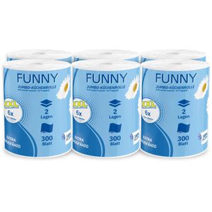 Funny Küchenrolle AG-069, Jumborolle, 2-lagig, 300 Blatt je Rolle, Zellstoff, saugstark & reißfest, 6 Rollen