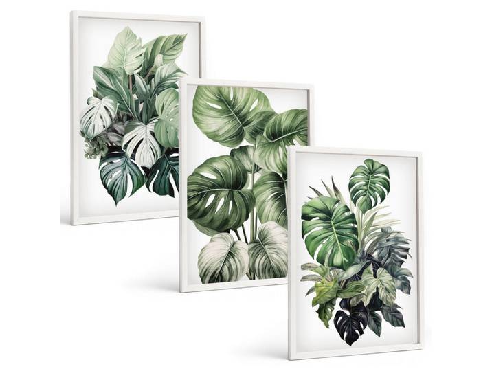 Tulup Bilder SET 3er Set - 40x60 cm Weißer Rahmen - Aquarell von grünen tropischen Blättern, Kunststoff, Rechteckig, 40x60 cm, Fotografie, Bilder & Rahmen, Bilder