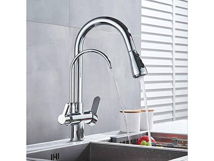ZYCHSJXA Küchenarmatur mit Wasserfilter, Zweiauslaufmischer, 360°-Drehung, Reinigungsfunktion, Chrom A