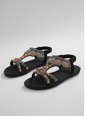 LightInthebox Women's Black Bohemian Flat Sandals with Multi-Color Beadwork – Ethnic Floral T-Strap Summer Shoes for Tropical Vacations and Beach Travel