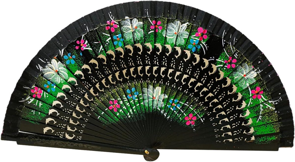 Zwarte handwaaier met dubbelzijdig bloemschilderij, opvouwbaar voor dans en decoratie, 23 cm