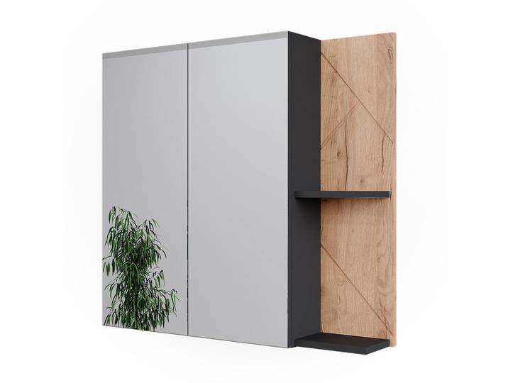 Vicco Badspiegelschrank Irma Anthrazit/Goldkraft Eiche 80 x 75 cm, Anthrazit, Eichefarben, Holzwerkstoff, Rechteckig, 80x75x17.2 cm, Badezimmer, Badezimmerspiegel, Spiegelschränke