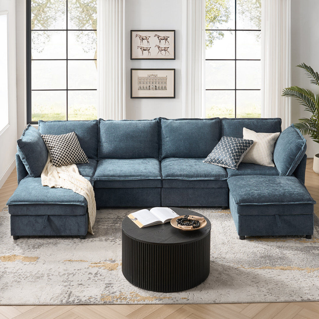 Ebern Designs Talani Modern 323cm W 6 Seater Modular Corner Sofas with Hidden Storage Blue 88.9cm H X 246.3cm W X 162.5cm D